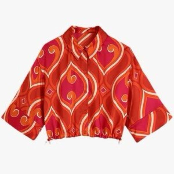 Zara Women's Printed Cropped Blouse 70s-style Retro in red and orange Size M - Picture 1 of 9
